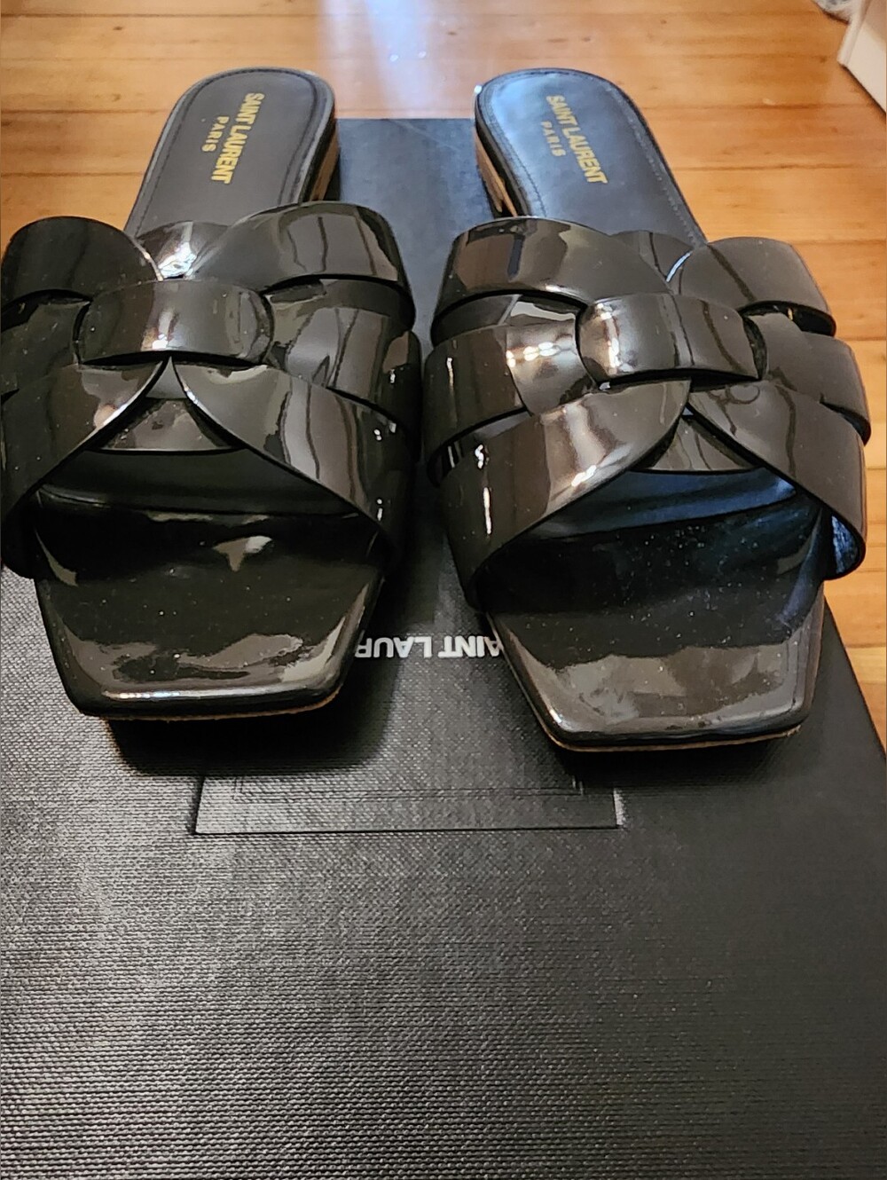 Saint Laurent Tribute Nu Pieds Flat Black Sandals 9/39 Travel Summer Vacation - Picture 3 of 14